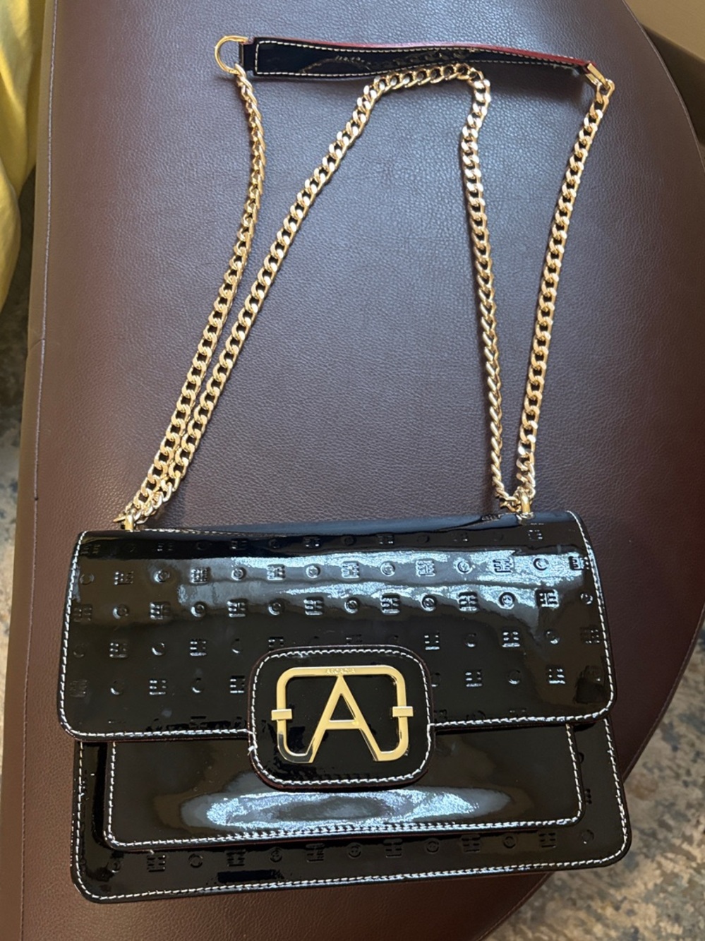 Arcadia Black Patent Crossbody with Gold Chain